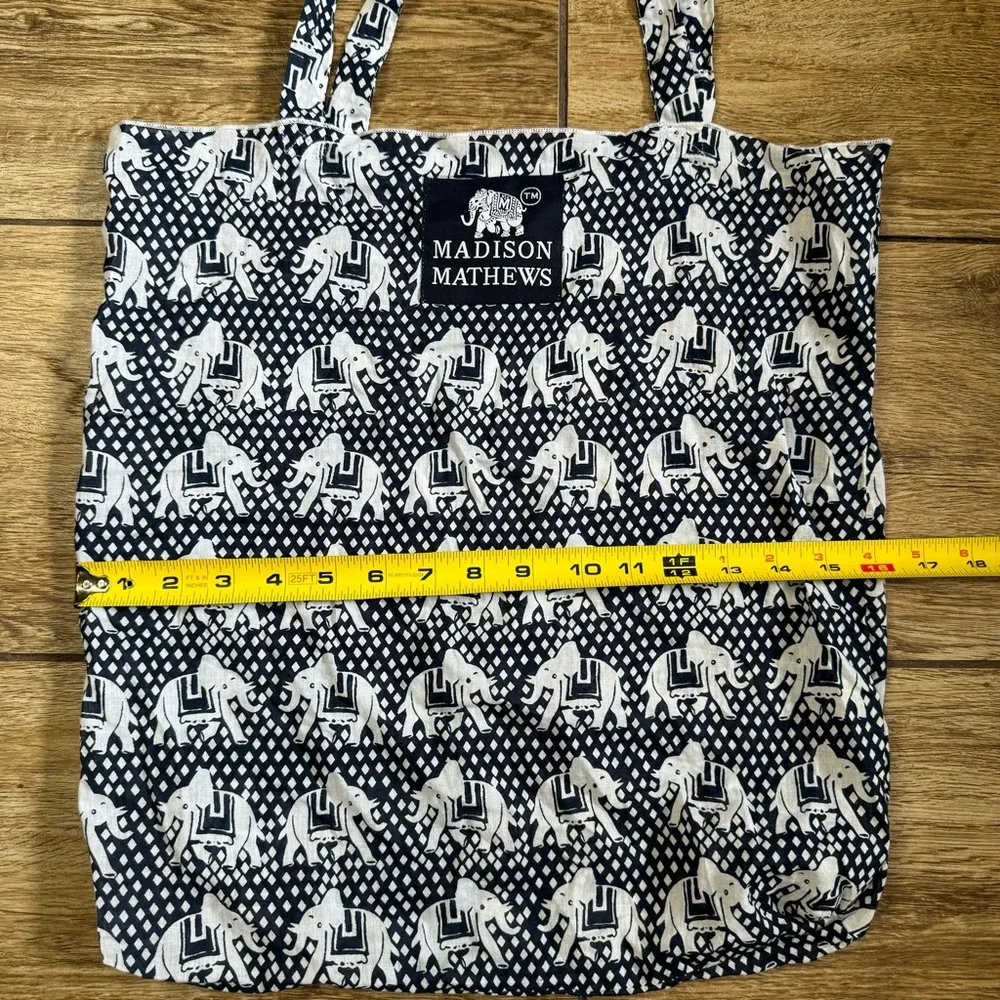 Madison Mathews Elephant Packable Tote Boho Bag Cloth Shoulder Bag Blue White